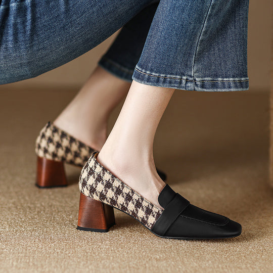 Square Head Thick Middle Heel Shoes Match Color Gingham Single Shoe Women