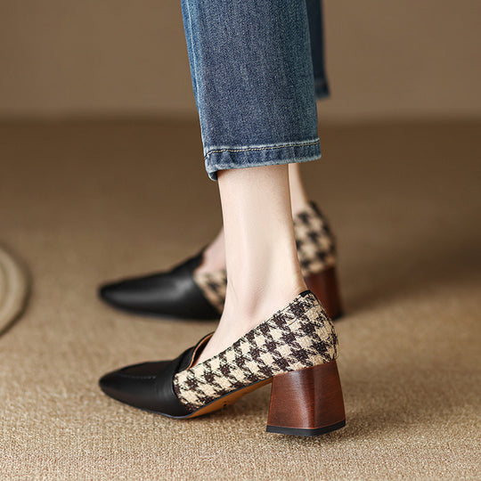 Square Head Thick Middle Heel Shoes Match Color Gingham Single Shoe Women